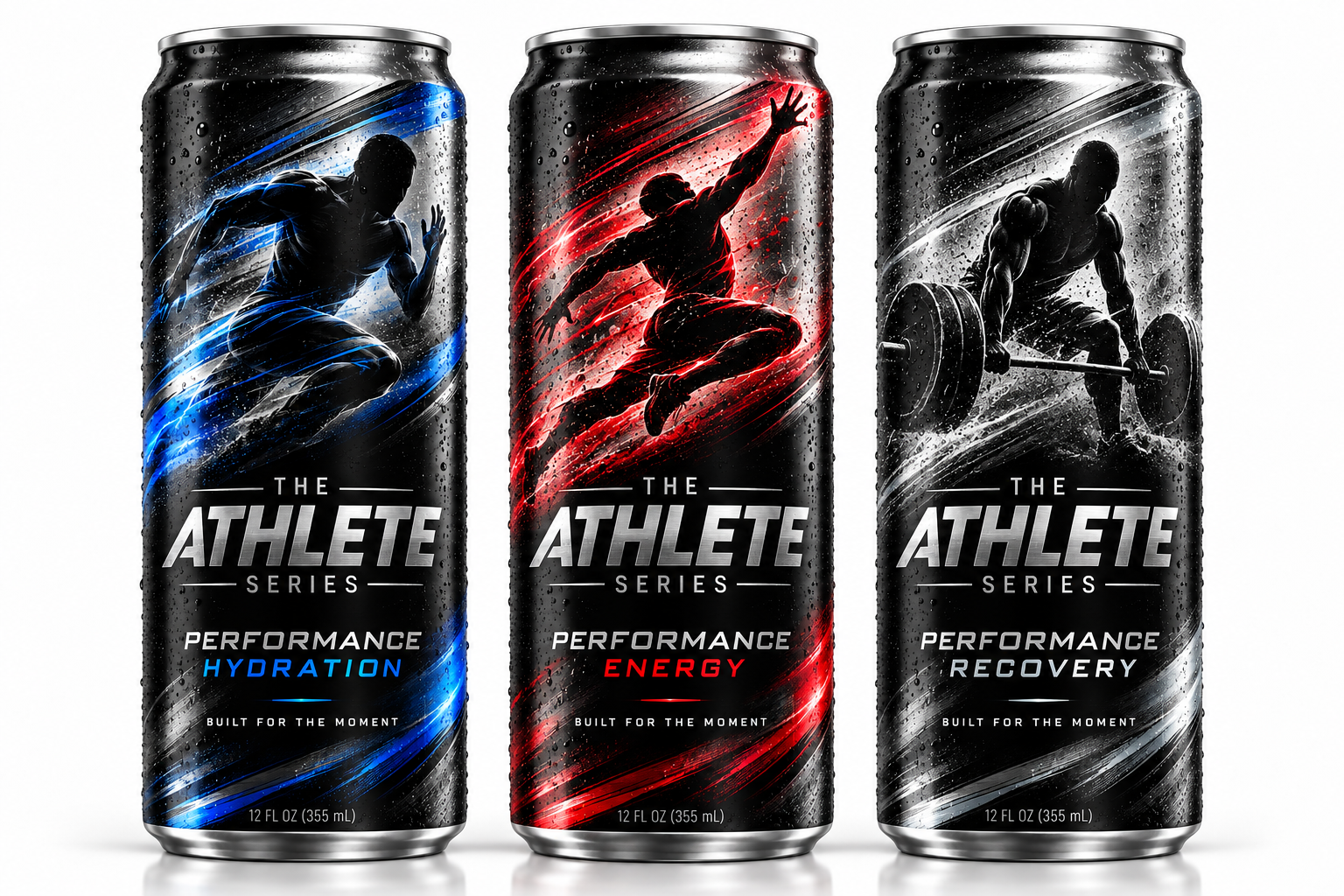 Three anonymous athlete-inspired can concepts for hydration, energy, and recovery