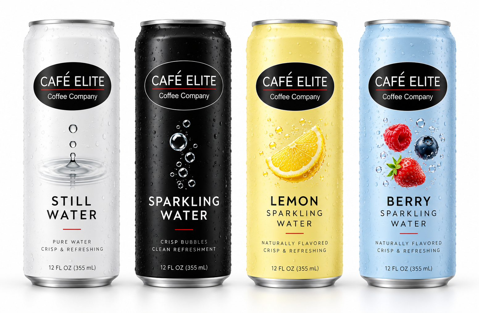 Concept lineup of four Cafe Elite water cans in still, sparkling, lemon, and berry designs