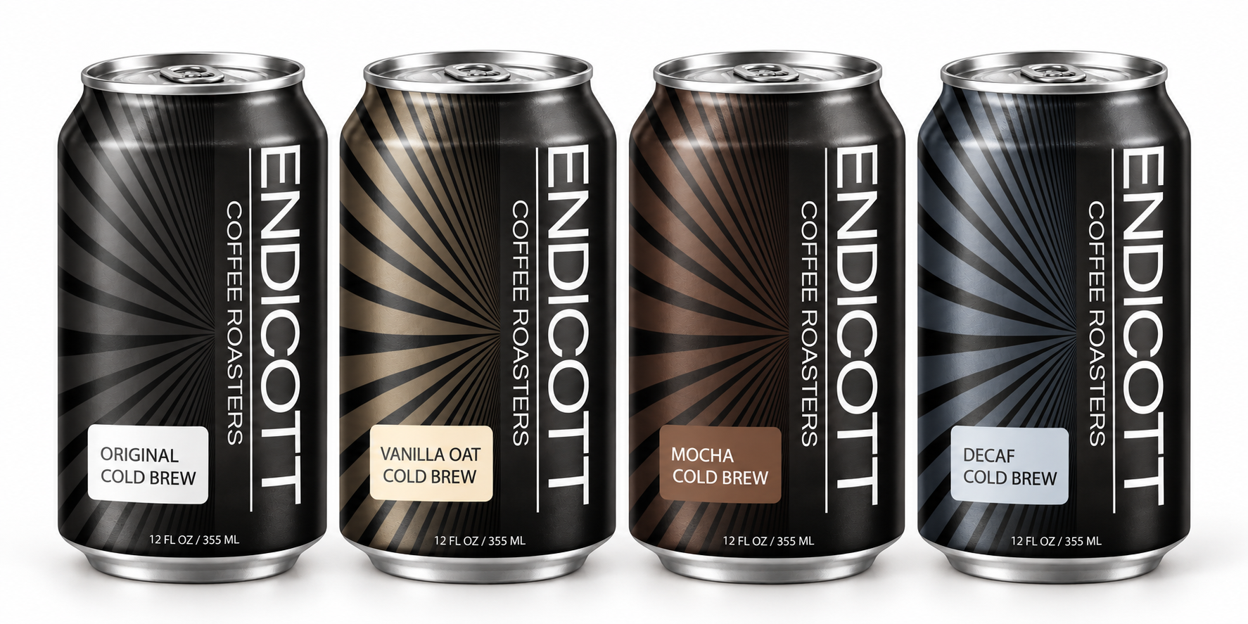Four Endicott cold brew can concepts: Original, Vanilla Oat, Mocha, and Decaf