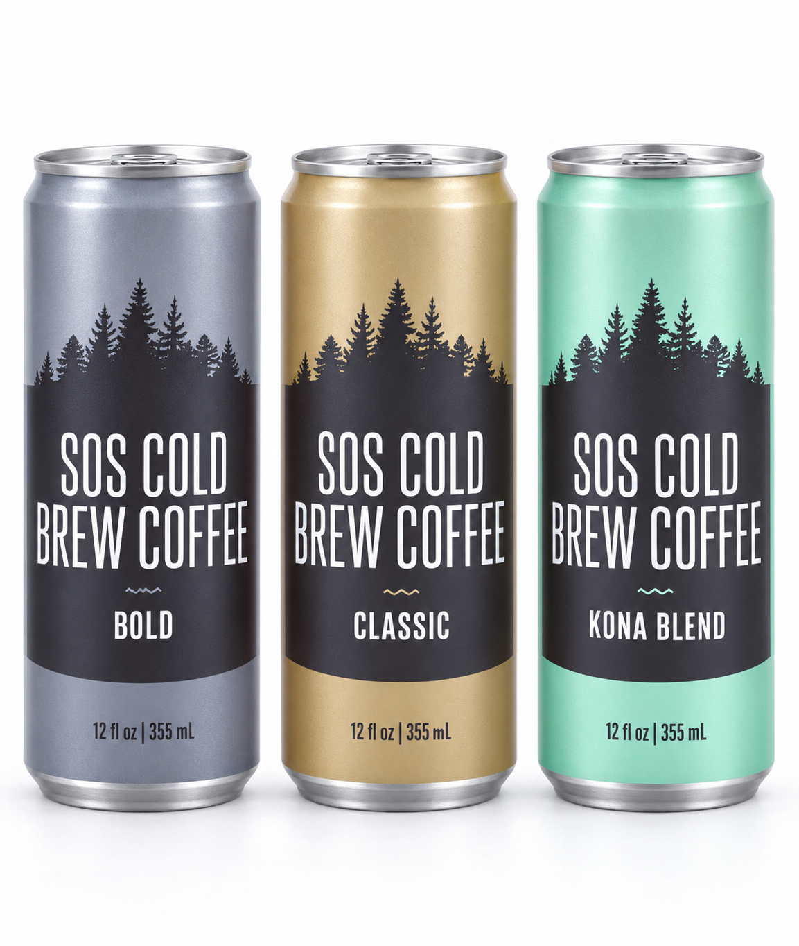 SOS Cold Brew Coffee in Bold, Classic, and Kona Blend cans