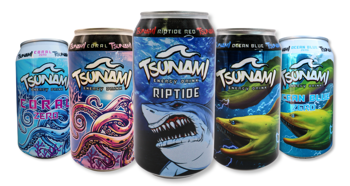Five Tsunami canned energy drinks in Coral Zero, Riptide Red, and Ocean Blue varieties